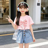 Denim Short for Kids Korean Style High Waist Bow Lace Button Design Garterized Casual Loose Short for Girls