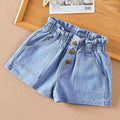 Denim Short for Kids Korean Style High Waist Bow Lace Button Design Garterized Casual Loose Short for Girls