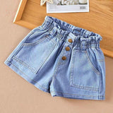 Denim Short for Kids Korean Style High Waist Bow Lace Button Design Garterized Casual Loose Short for Girls