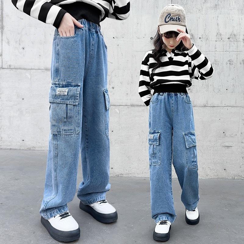 Trendy Street Style Plain Baggy Pants Christmas Party Outfit Casual Loose Fit Denim Pants for Kids Girls