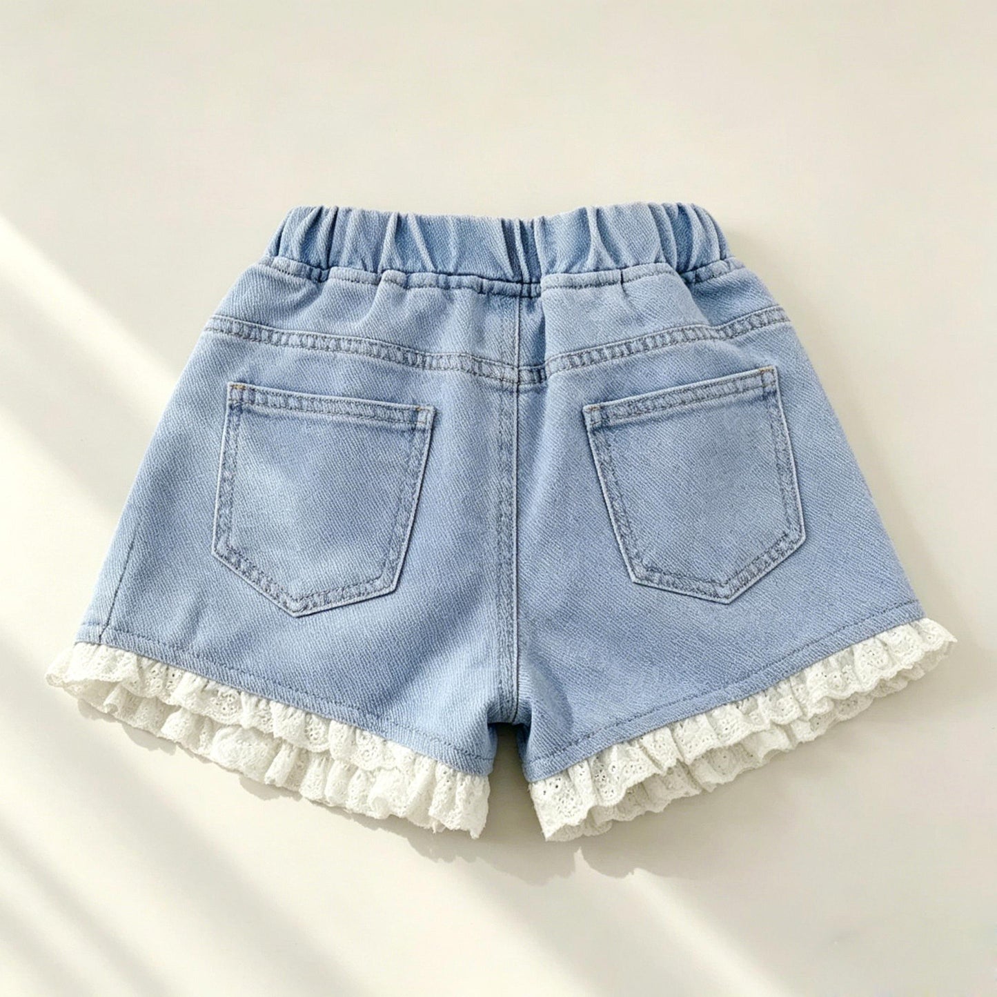 Denim Short for Kids Korean Style High Waist Bow Lace Button Design Garterized Casual Loose Short for Girls