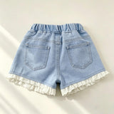 Denim Short for Kids Korean Style High Waist Bow Lace Button Design Garterized Casual Loose Short for Girls