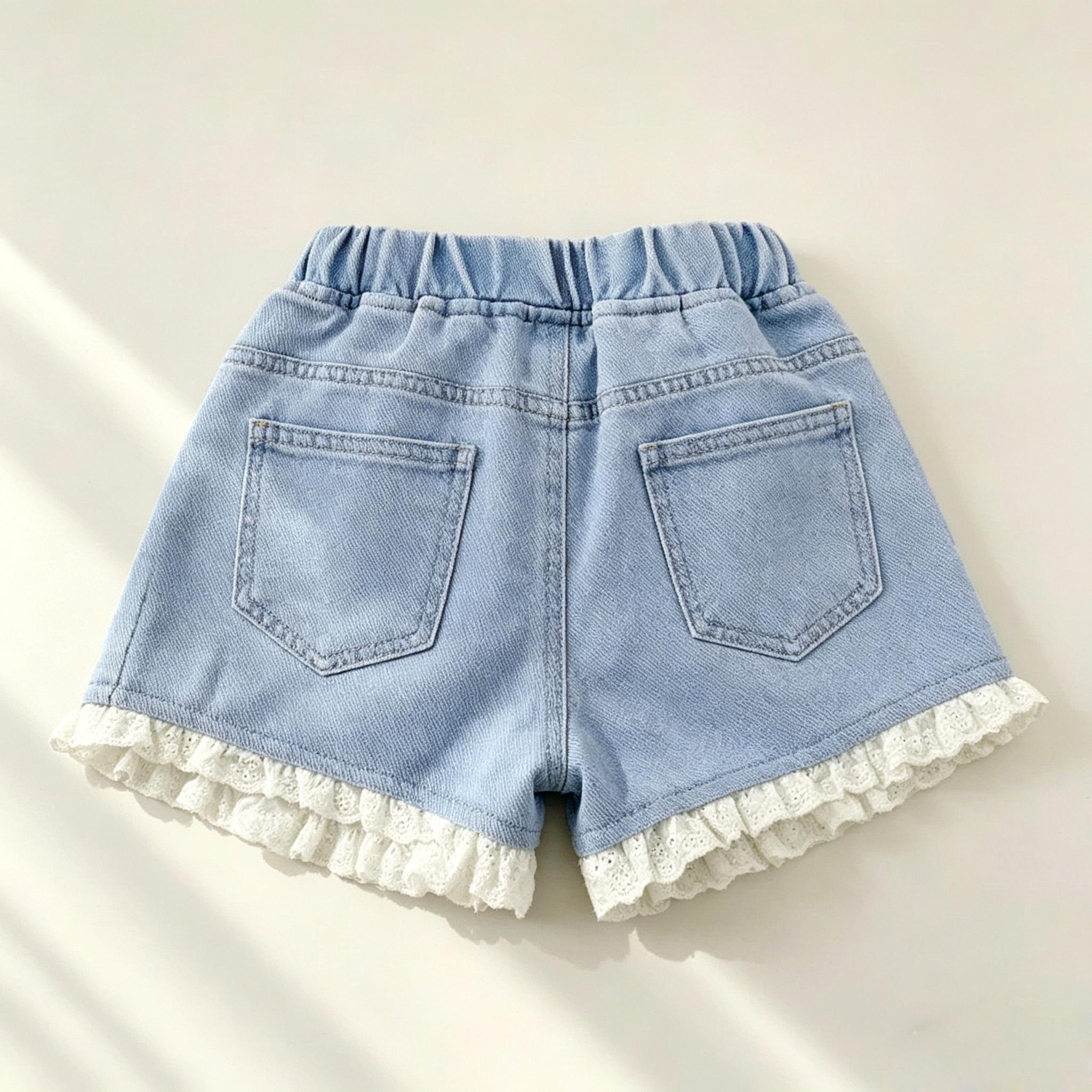 Denim Short for Kids Korean Style High Waist Bow Lace Button Design Garterized Casual Loose Short for Girls