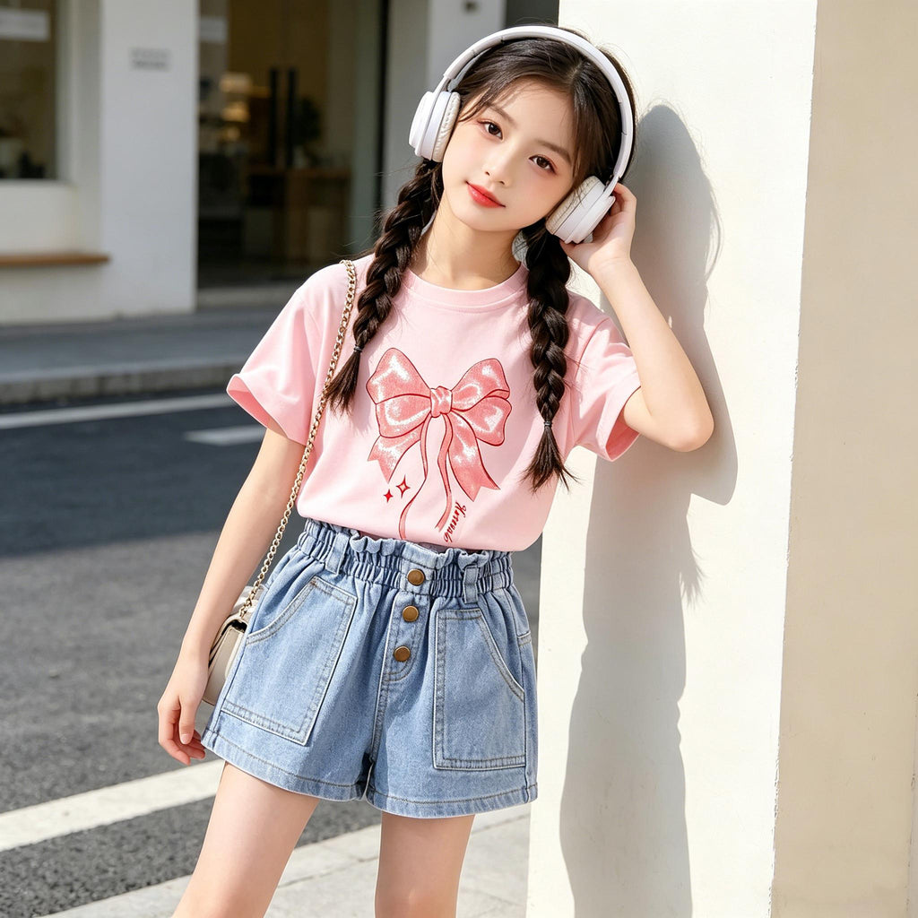 Denim Short for Kids Korean Style High Waist Bow Lace Button Design Garterized Casual Loose Short for Girls