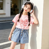 Denim Short for Kids Korean Style High Waist Bow Lace Button Design Garterized Casual Loose Short for Girls