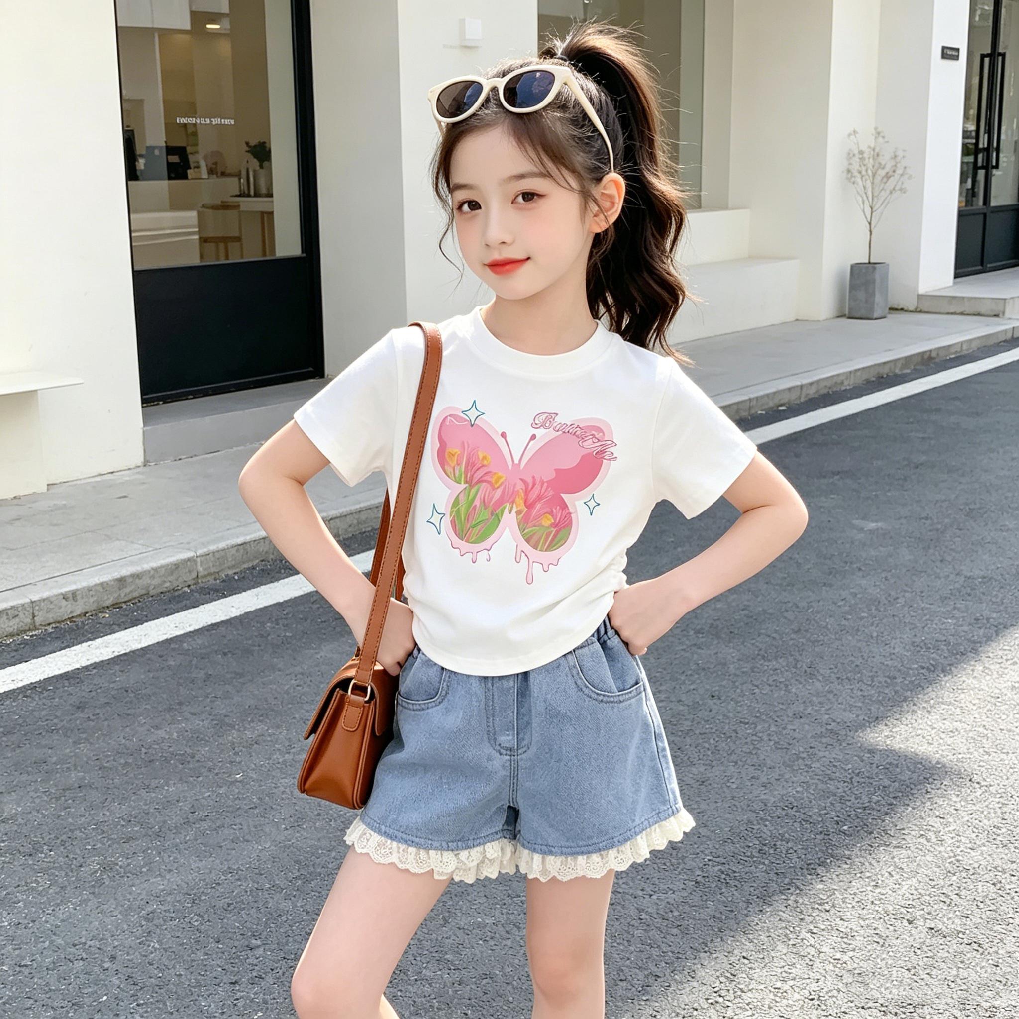 Denim Short for Kids Korean Style High Waist Bow Lace Button Design Garterized Casual Loose Short for Girls