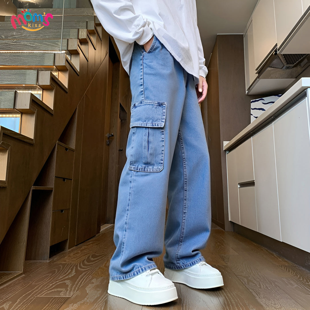 Graduation school pants for kids boyKids Korean Style Denim Cargo Pants, Casual Loose Baggy Maong Pants.