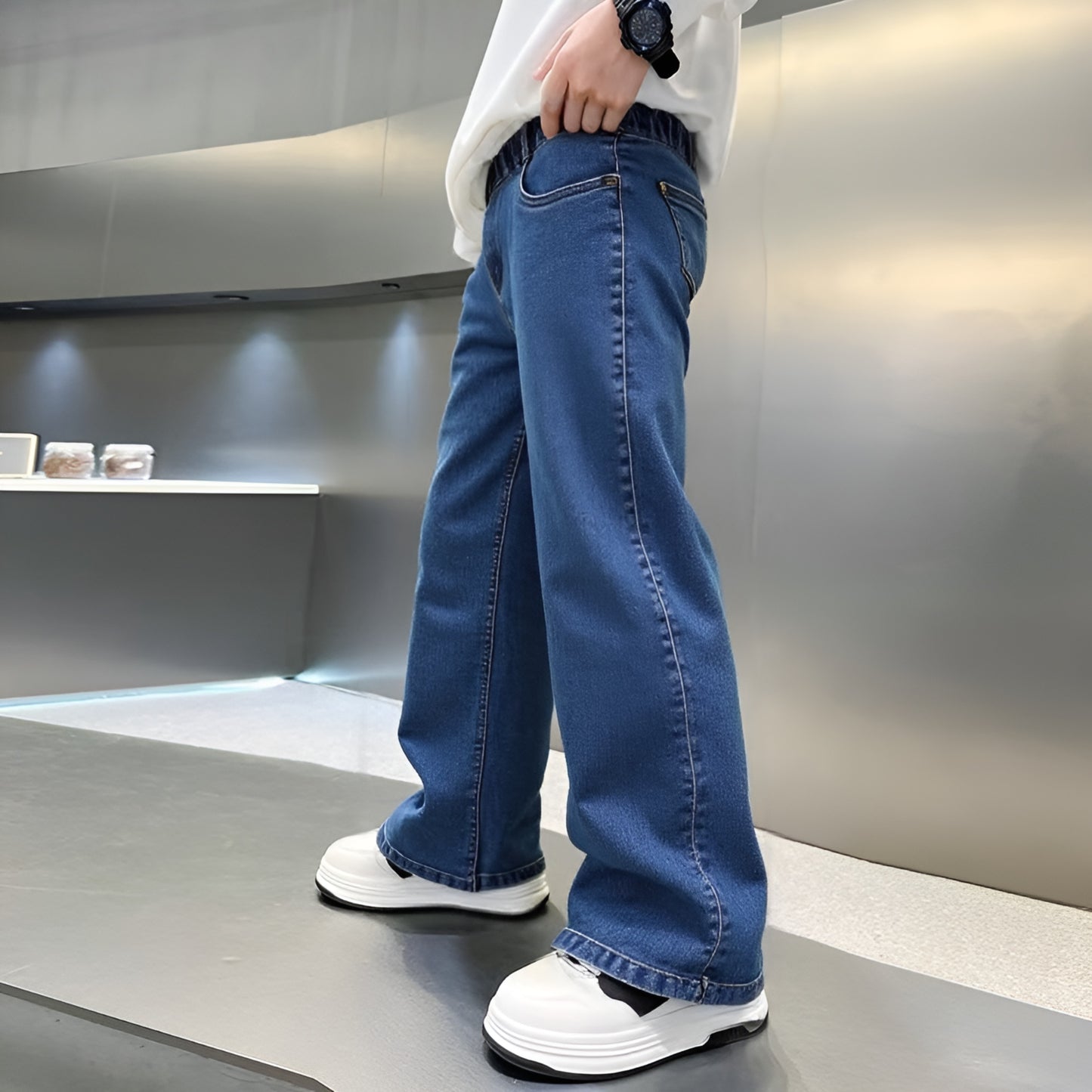 Graduation school pants for kids boyKids Korean Style Denim Cargo Pants, Casual Loose Baggy Maong Pants.