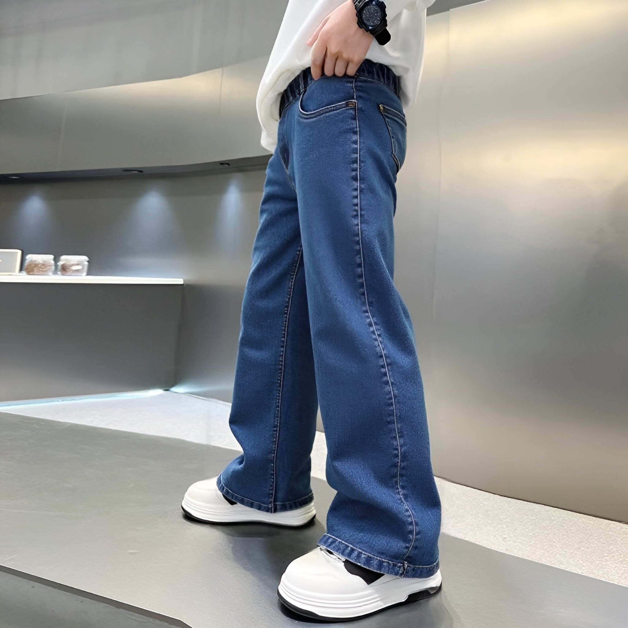 Graduation school pants for kids boyKids Korean Style Denim Cargo Pants, Casual Loose Baggy Maong Pants.