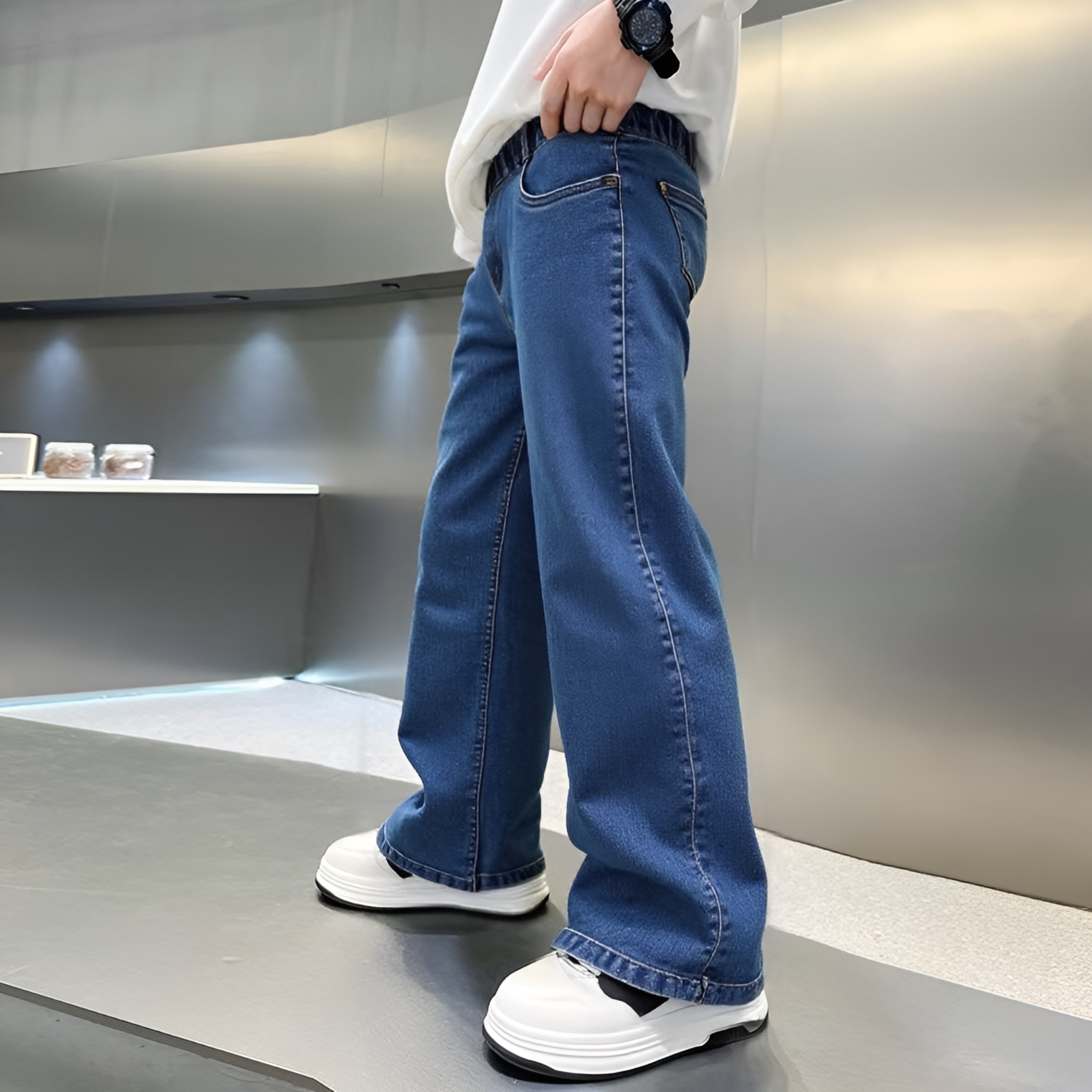 Graduation school pants for kids boyKids Korean Style Denim Cargo Pants, Casual Loose Baggy Maong Pants.