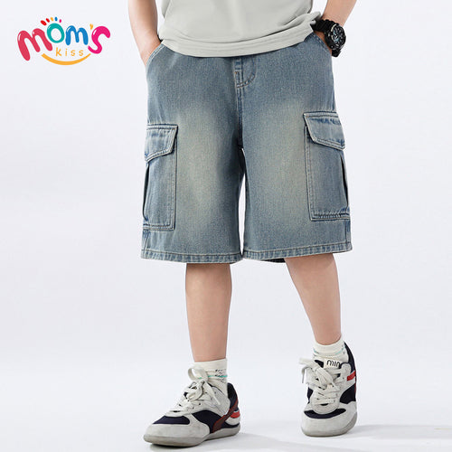 Boys' Loose Denim Shorts for Kids High Quality Korean Style Blue-Gray Maong Casual Denim Middle Pants Public New Year