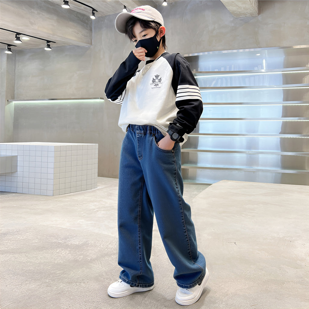 Graduation school pants for kids boyKids Korean Style Denim Cargo Pants, Casual Loose Baggy Maong Pants.