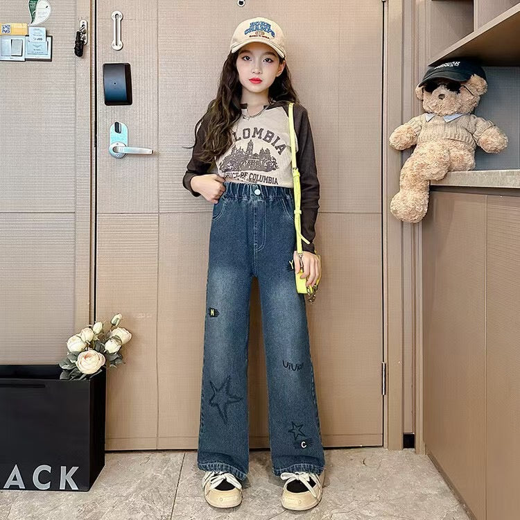 【Sweet & Casual】Girls' Loose Fit Jeans with Pink Bow Side Decor - Elastic Waist & Comfortable pants girls