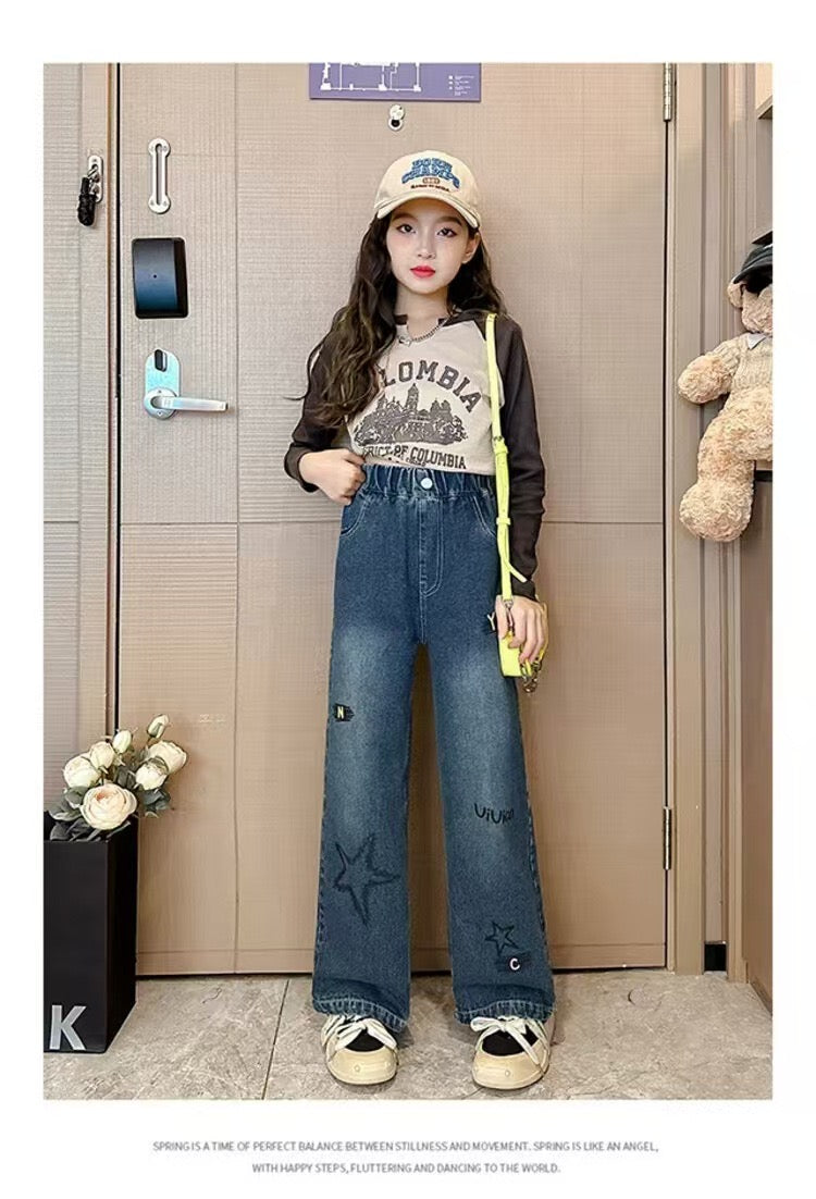 【Sweet & Casual】Girls' Loose Fit Jeans with Pink Bow Side Decor - Elastic Waist & Comfortable pants girls