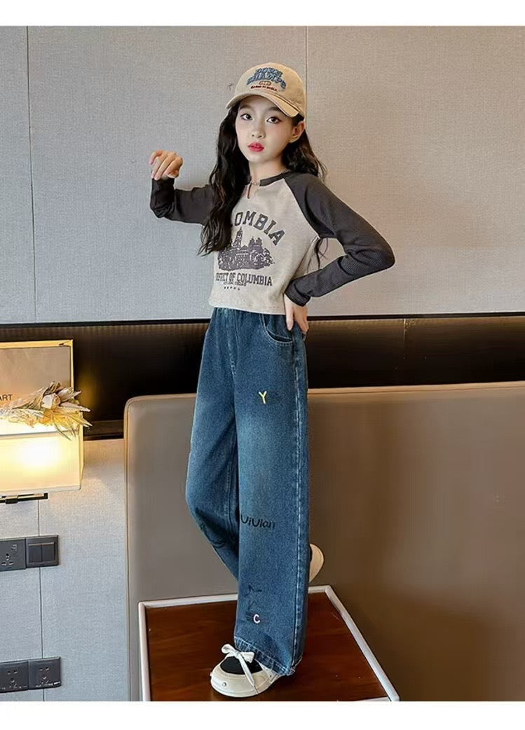 【Sweet & Casual】Girls' Loose Fit Jeans with Pink Bow Side Decor - Elastic Waist & Comfortable pants girls