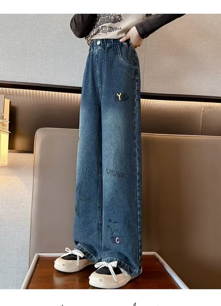 【Sweet & Casual】Girls' Loose Fit Jeans with Pink Bow Side Decor - Elastic Waist & Comfortable pants girls