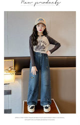 【Sweet & Casual】Girls' Loose Fit Jeans with Pink Bow Side Decor - Elastic Waist & Comfortable pants girls