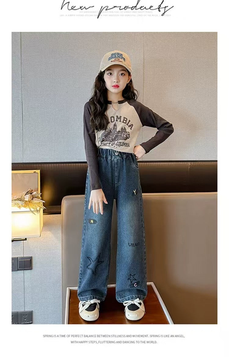 【Sweet & Casual】Girls' Loose Fit Jeans with Pink Bow Side Decor - Elastic Waist & Comfortable pants girls