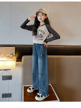 【Sweet & Casual】Girls' Loose Fit Jeans with Pink Bow Side Decor - Elastic Waist & Comfortable pants girls
