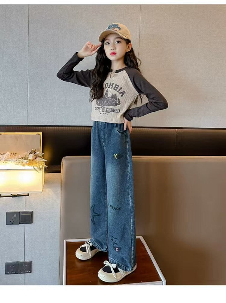 【Sweet & Casual】Girls' Loose Fit Jeans with Pink Bow Side Decor - Elastic Waist & Comfortable pants girls