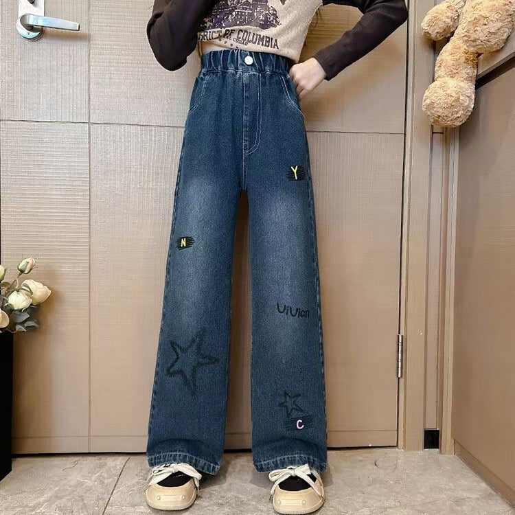 【Sweet & Casual】Girls' Loose Fit Jeans with Pink Bow Side Decor - Elastic Waist & Comfortable pants girls