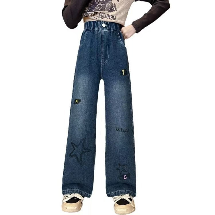 【Sweet & Casual】Girls' Loose Fit Jeans with Pink Bow Side Decor - Elastic Waist & Comfortable pants girls