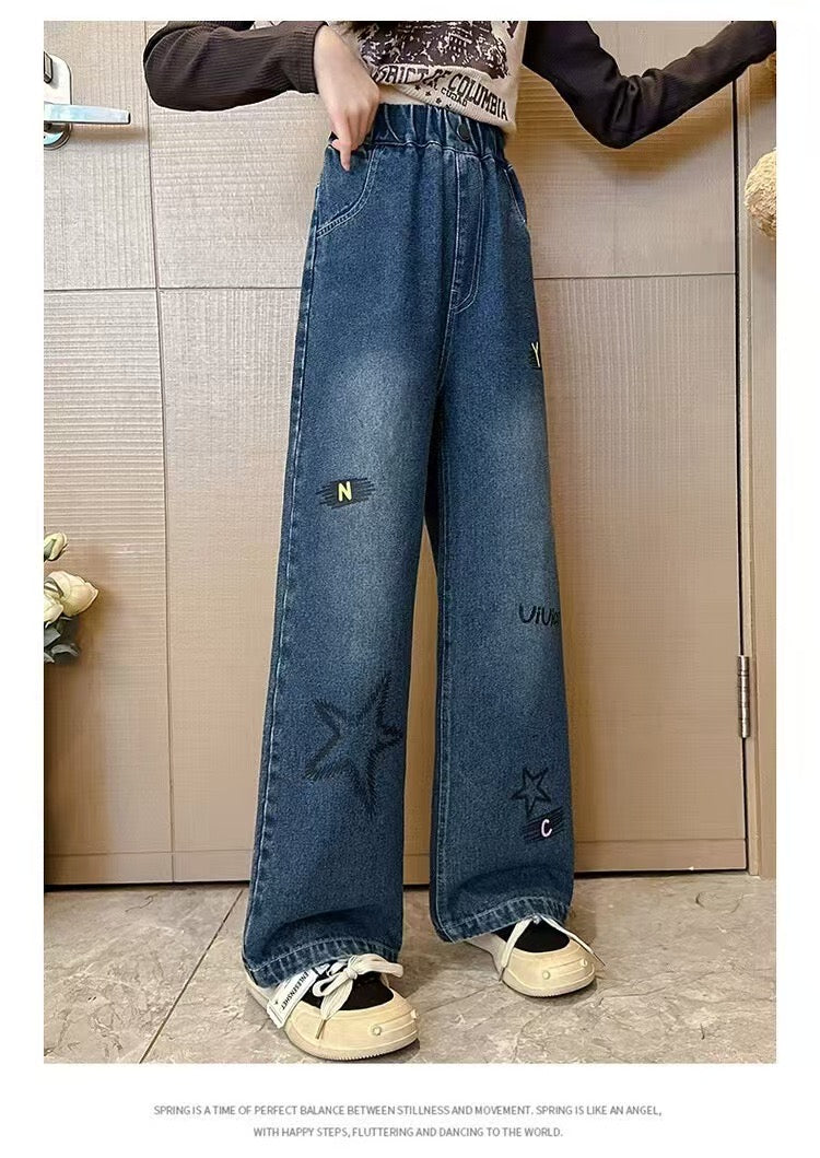 【Sweet & Casual】Girls' Loose Fit Jeans with Pink Bow Side Decor - Elastic Waist & Comfortable pants girls