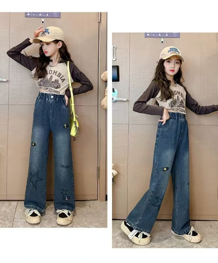 【Sweet & Casual】Girls' Loose Fit Jeans with Pink Bow Side Decor - Elastic Waist & Comfortable pants girls