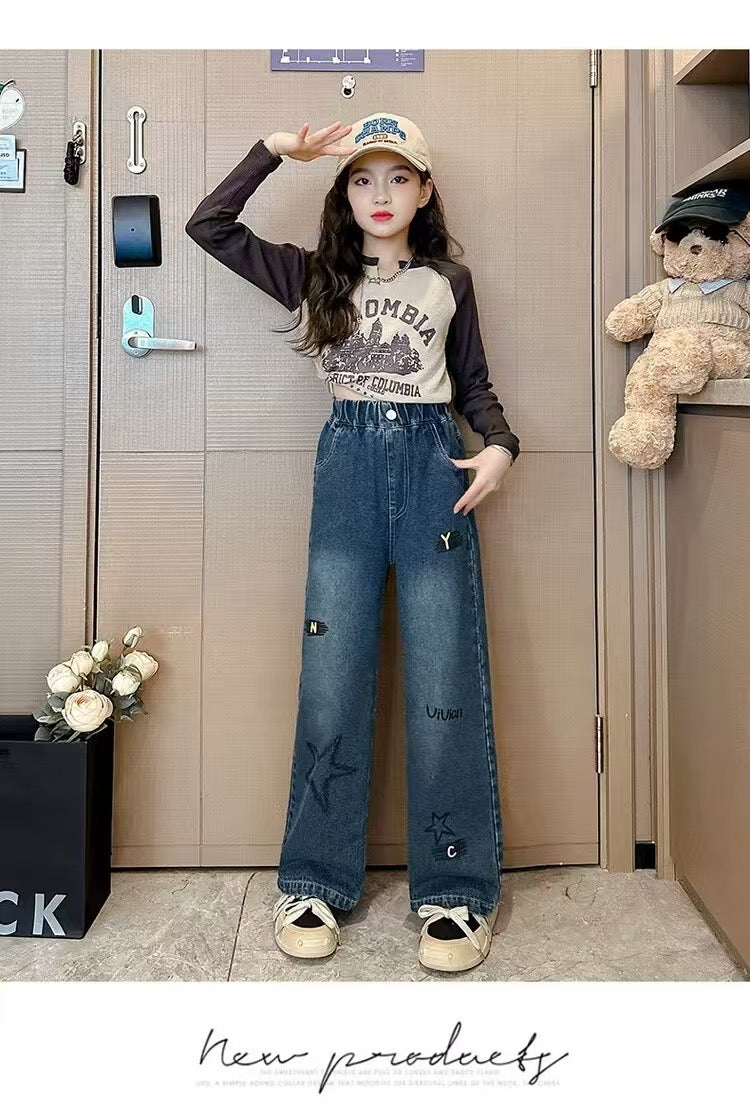 【Sweet & Casual】Girls' Loose Fit Jeans with Pink Bow Side Decor - Elastic Waist & Comfortable pants girls