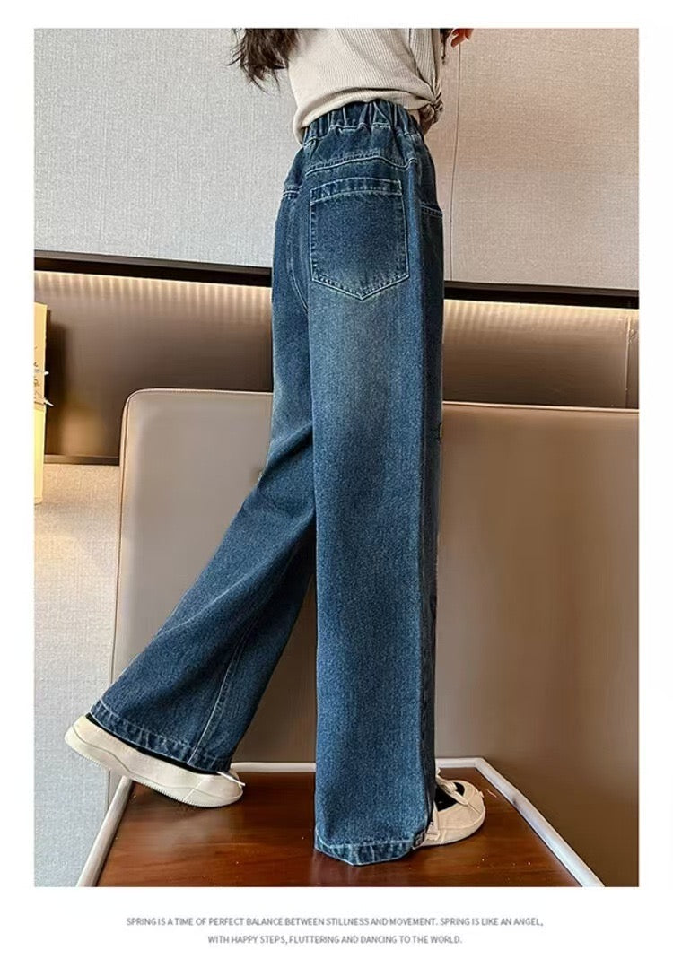 【Sweet & Casual】Girls' Loose Fit Jeans with Pink Bow Side Decor - Elastic Waist & Comfortable pants girls