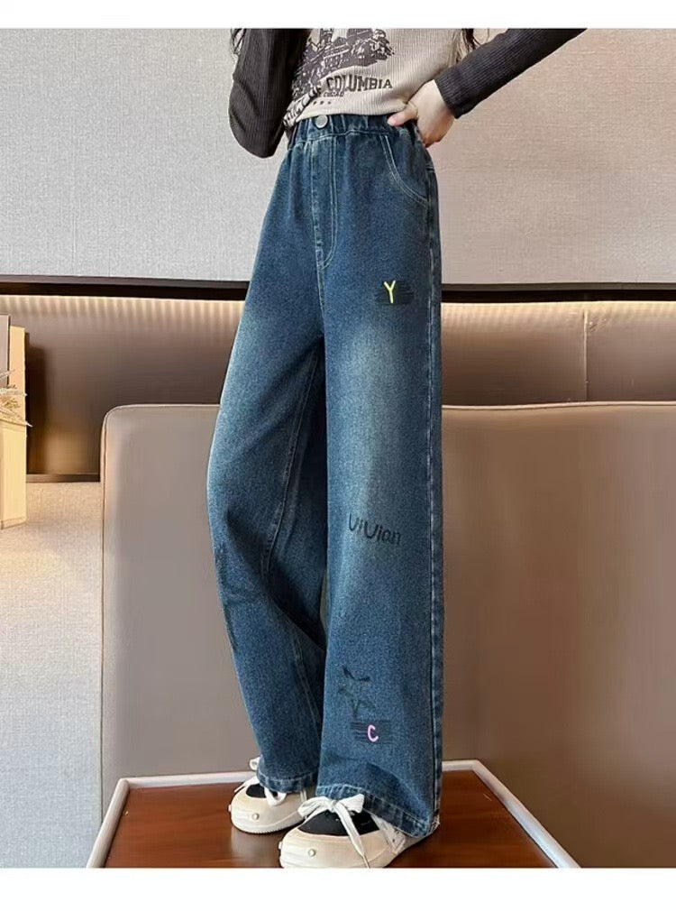 【Sweet & Casual】Girls' Loose Fit Jeans with Pink Bow Side Decor - Elastic Waist & Comfortable pants girls