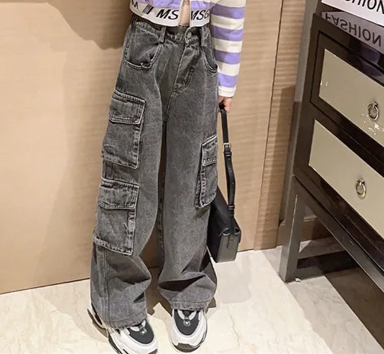 Kids Wide Leg Denim Pants - Trendy Heart Cutout Jeans (3-12Y)