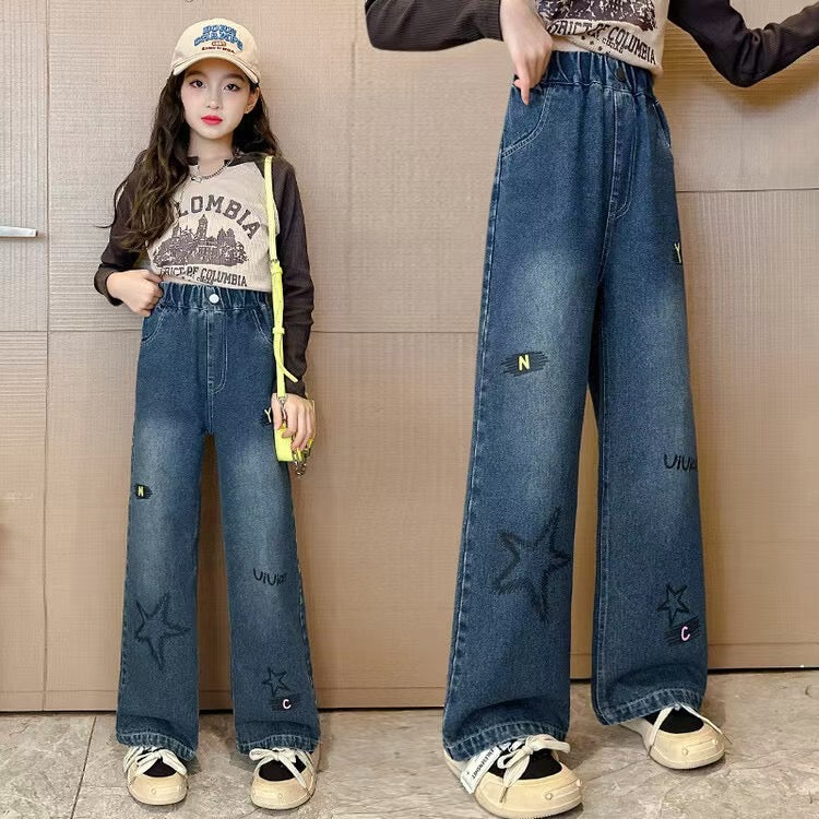 【Sweet & Casual】Girls' Loose Fit Jeans with Pink Bow Side Decor - Elastic Waist & Comfortable pants girls