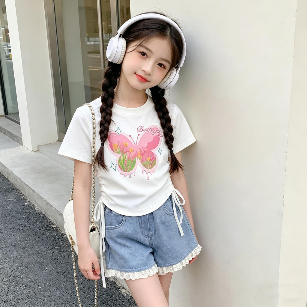 Denim Short for Kids Korean Style High Waist Bow Lace Button Design Garterized Casual Loose Short for Girls