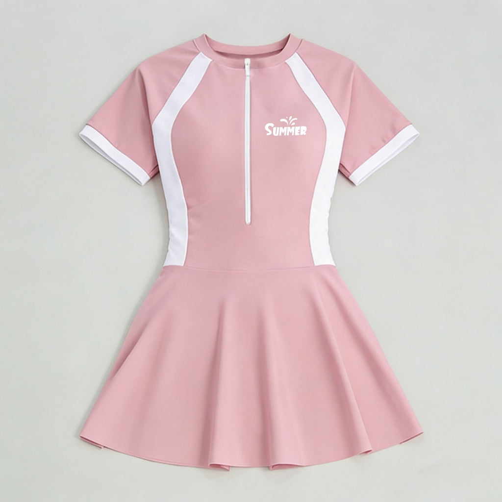 Sporty Half Zip-Front Swim Dress Trendy Printed Design Quick Dry Flared Swimming Dress Summer Beach Outfit for Women