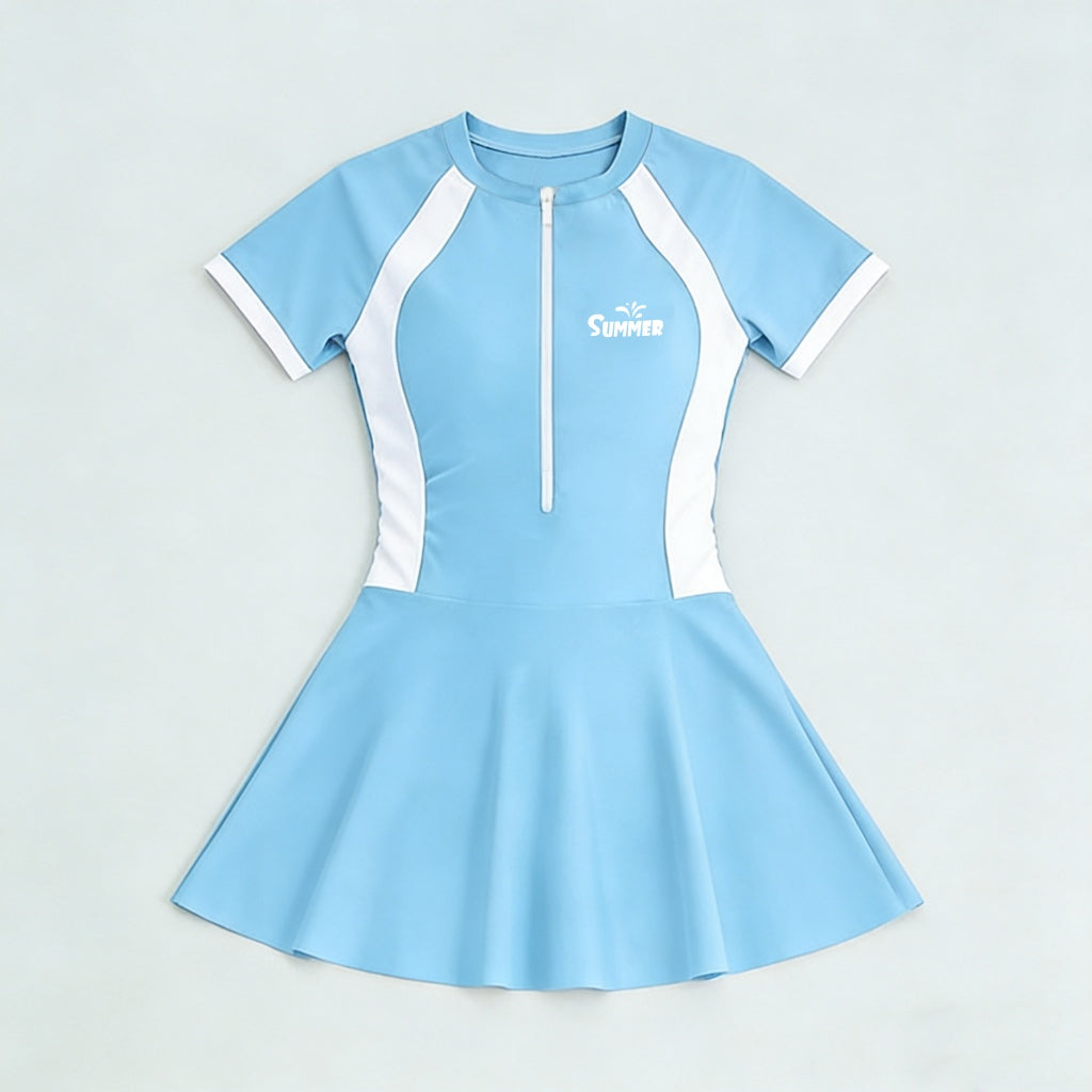 Sporty Half Zip-Front Swim Dress Trendy Printed Design Quick Dry Flared Swimming Dress Summer Beach Outfit for Women