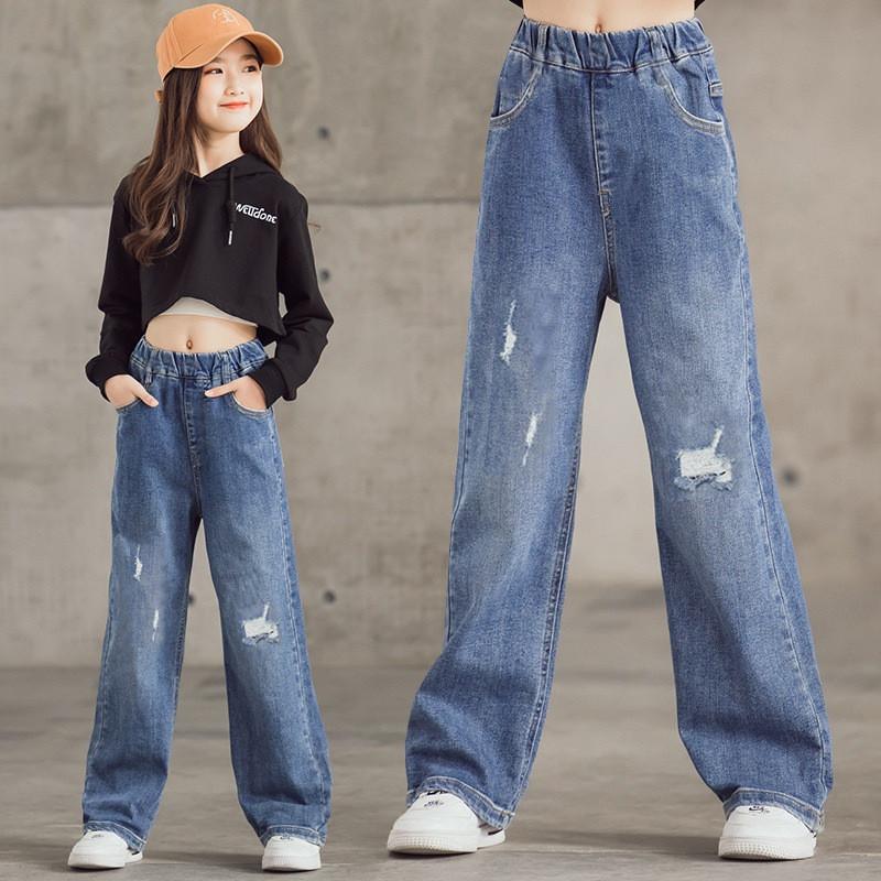 Trendy Street Style Plain Baggy Pants Christmas Party Outfit Casual Loose Fit Denim Pants for Kids Girls