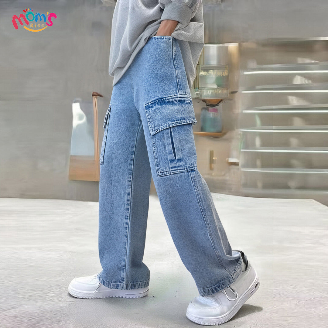 Graduation school pants for kids boyKids Korean Style Denim Cargo Pants, Casual Loose Baggy Maong Pants.