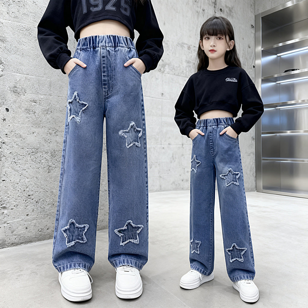 Back to School Korean Style Denim Pants for Kids Girls 3-12Y New Frayed Heart Design Flared Jeans with Pockets Durable Denim Fabric for Everyday Wear