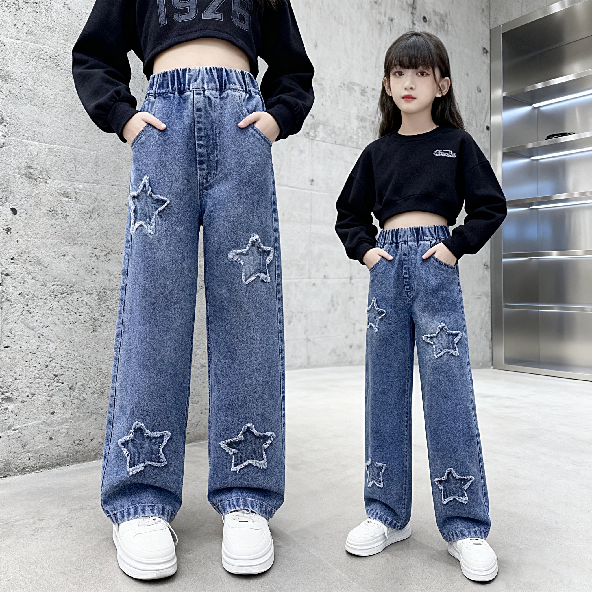 Back to School Korean Style Denim Pants for Kids Girls 3-12Y New Frayed Heart Design Flared Jeans with Pockets Durable Denim Fabric for Everyday Wear