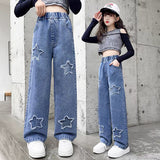 Back to School Korean Style Denim Pants for Kids Girls 3-12Y New Frayed Heart Design Flared Jeans with Pockets Durable Denim Fabric for Everyday Wear