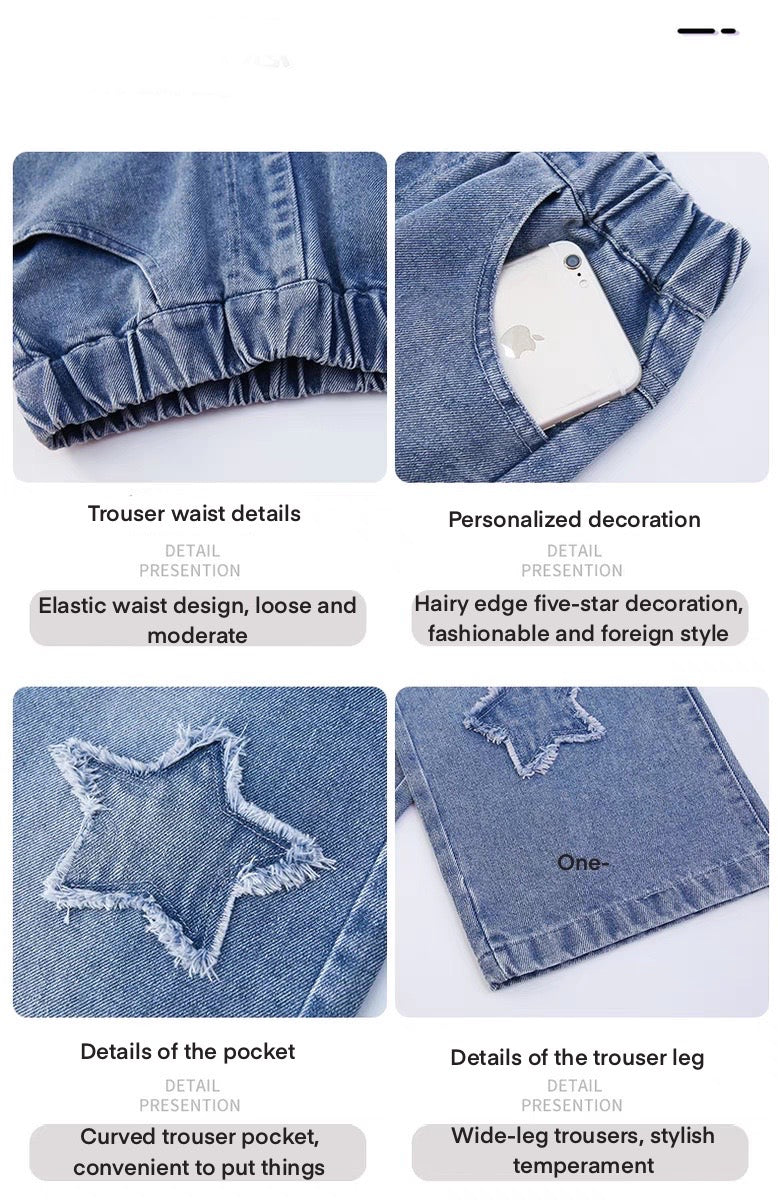 Back to School Korean Style Denim Pants for Kids Girls 3-12Y New Frayed Heart Design Flared Jeans with Pockets Durable Denim Fabric for Everyday Wear