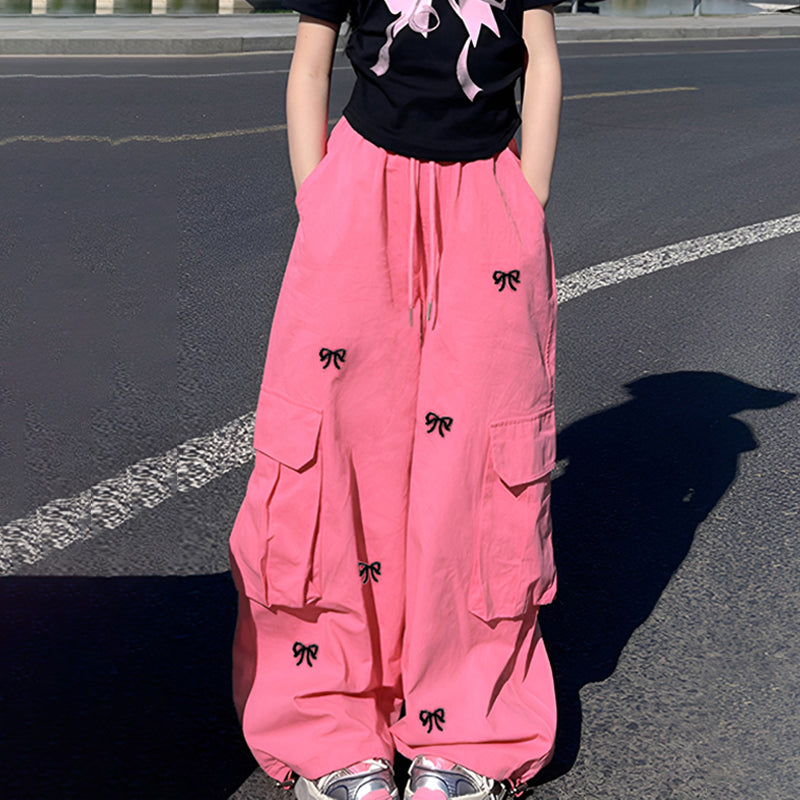 Graduation Cargo Coquette Pants for Kids Girls Korean Style Wide Leg Baggy Loose Pants for Girls 5-12Y Back to School