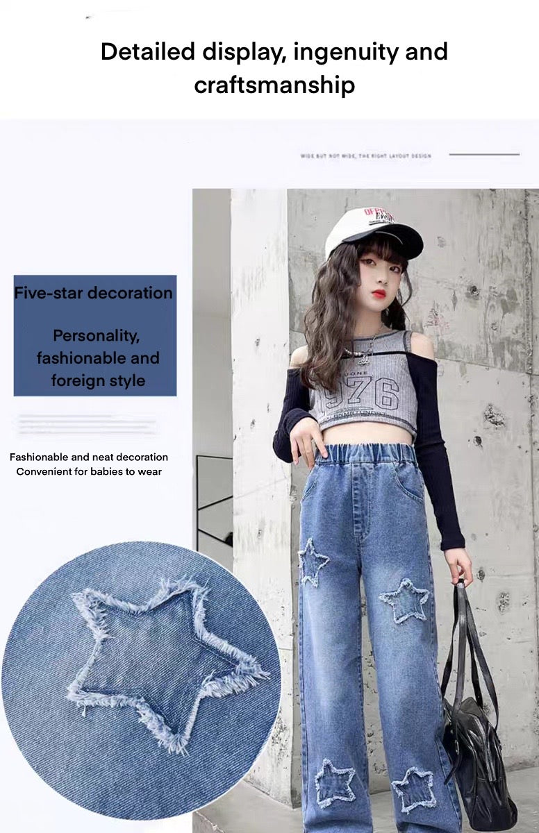Back to School Korean Style Denim Pants for Kids Girls 3-12Y New Frayed Heart Design Flared Jeans with Pockets Durable Denim Fabric for Everyday Wear