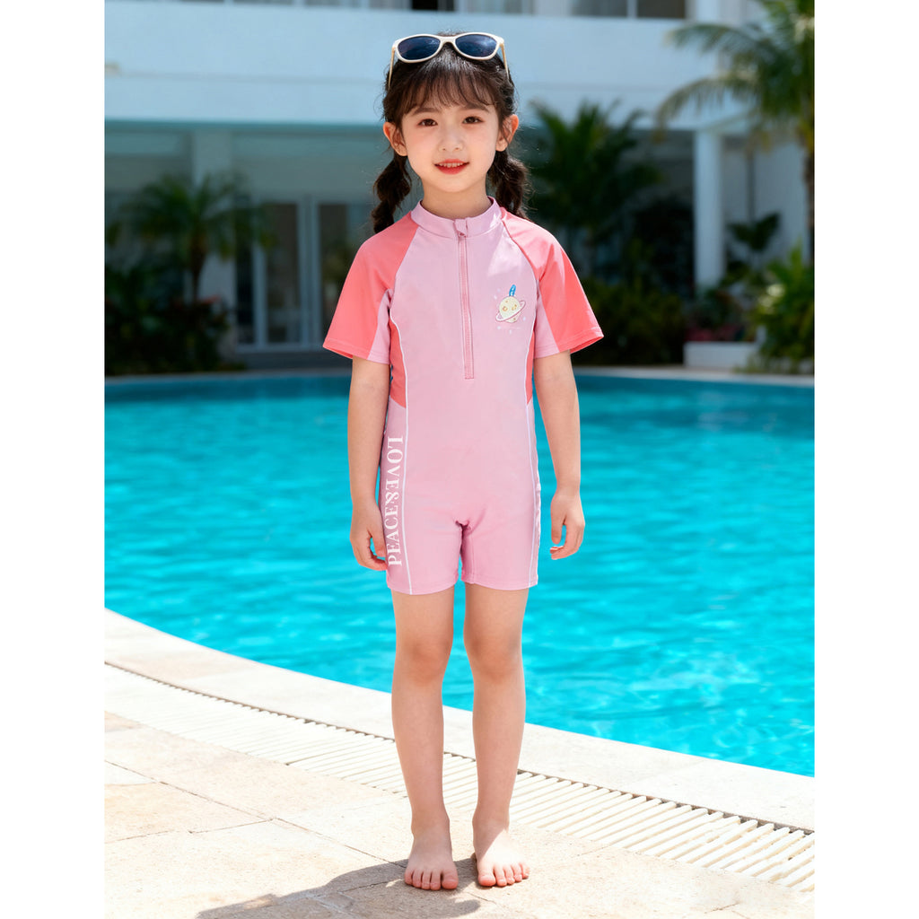 【Adorable Swimwear】Kids' Short Sleeve Swimsuit Set - Pink/Blue, Sun Protection & Cute