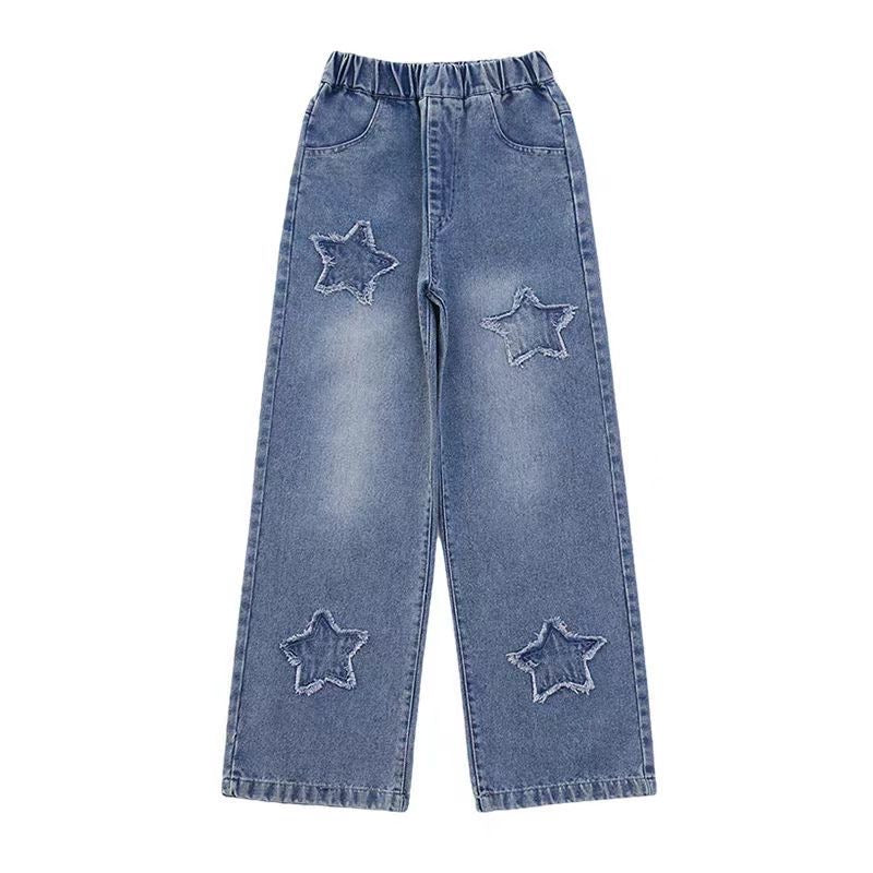 Back to School Korean Style Denim Pants for Kids Girls 3-12Y New Frayed Heart Design Flared Jeans with Pockets Durable Denim Fabric for Everyday Wear