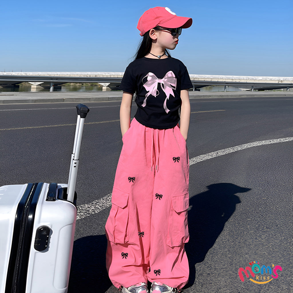 Graduation Cargo Coquette Pants for Kids Girls Korean Style Wide Leg Baggy Loose Pants for Girls 5-12Y Back to School