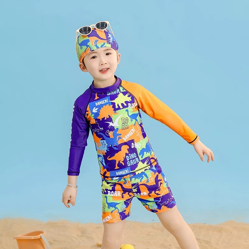 3 In 1 Swimsuit With Cap For Kids Boy High Quality Dry Fit Breathable Swimwear Korean Style Beach Outfit For Baby Boys