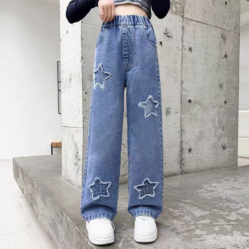 Back to School Korean Style Denim Pants for Kids Girls 3-12Y New Frayed Heart Design Flared Jeans with Pockets Durable Denim Fabric for Everyday Wear