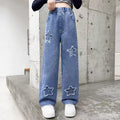 Back to School Korean Style Denim Pants for Kids Girls 3-12Y New Frayed Heart Design Flared Jeans with Pockets Durable Denim Fabric for Everyday Wear